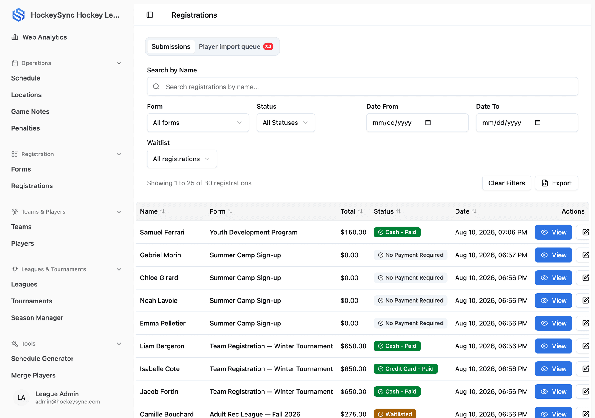 Registration & Payments feature screenshot