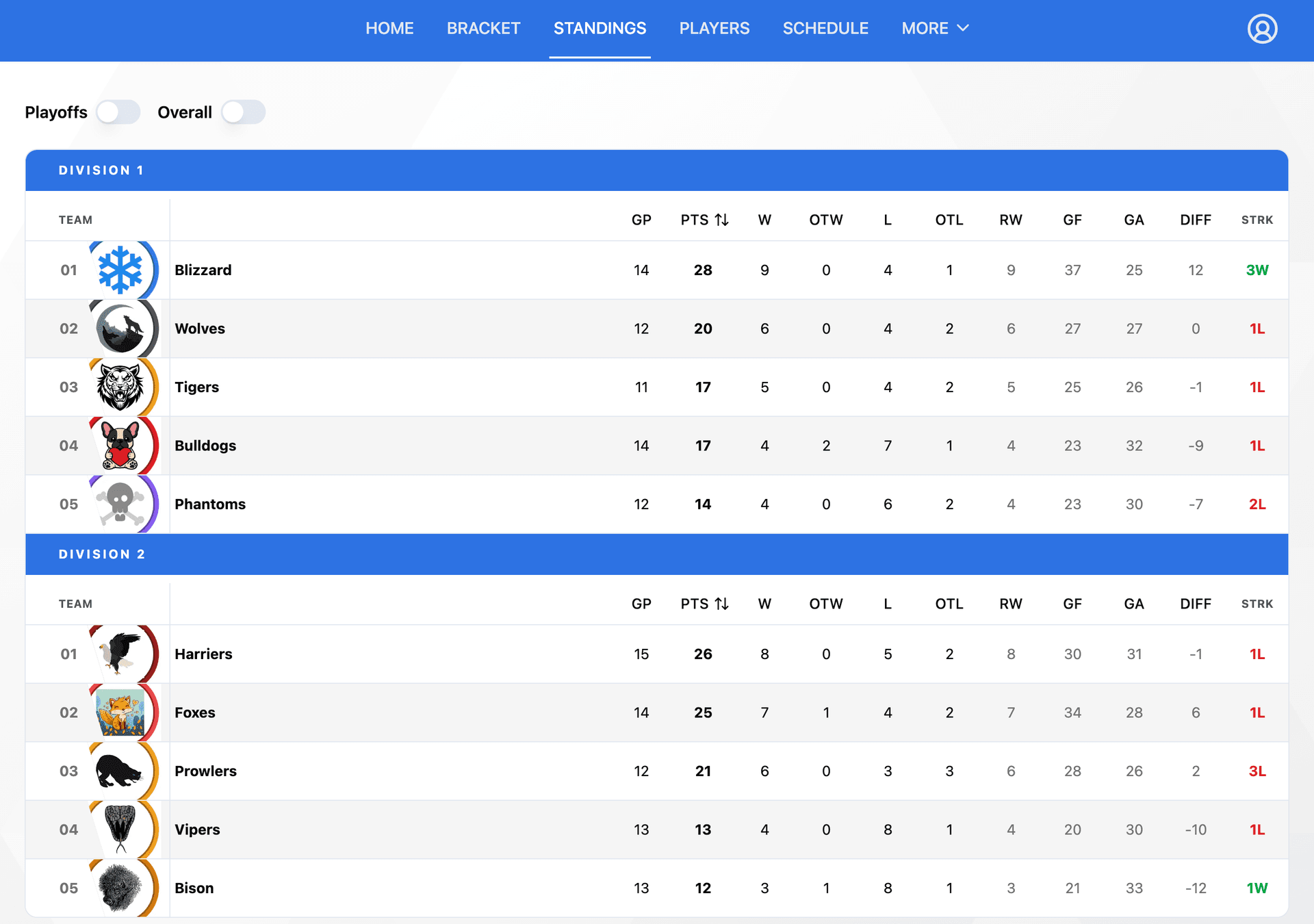 Live League Standings feature screenshot